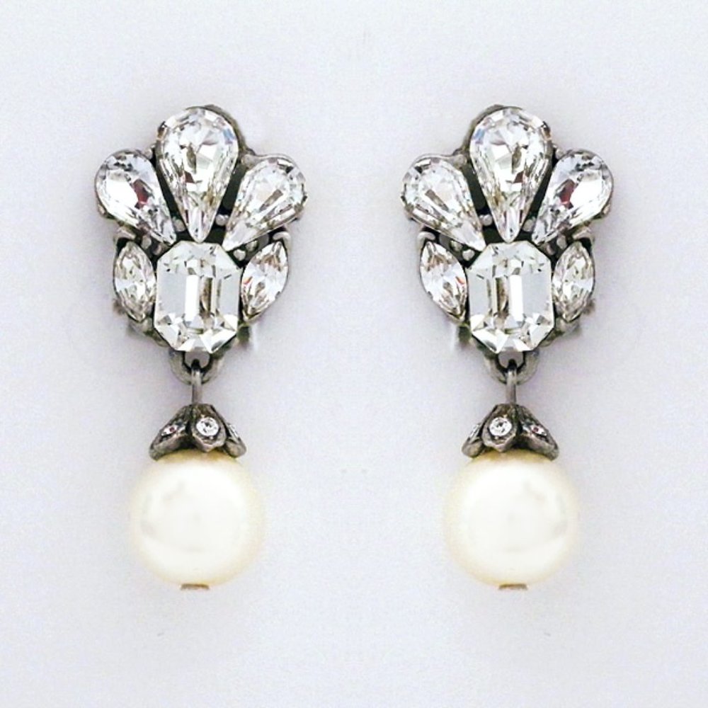 Ben Amun Wedding Earrings, Clip-On Pearl Drops with Crystal Cluster